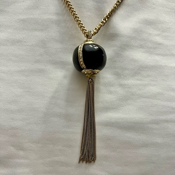 Jewelry - Long Goldtone Necklace with Black Round Pendant & Gold Tassel
